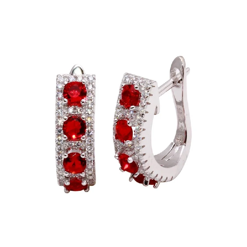 designer diamond earrings for women -Rhodium Plated 925 Sterling Silver Long huggie hoop Earrings with Red and Clear CZ - BGE00571