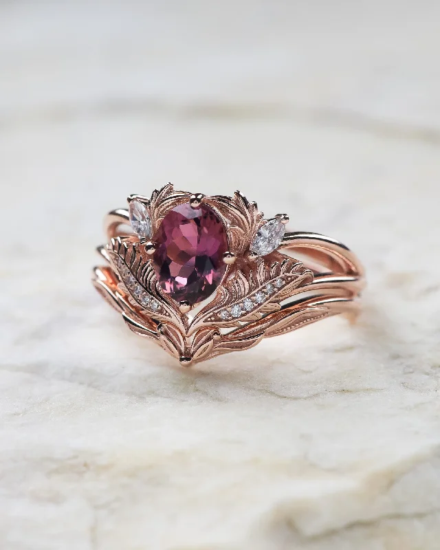 customized engagement rings -Bridal ring set with pink tourmaline and diamonds / Adonis