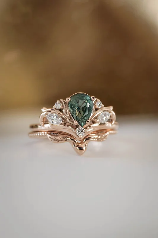 affordable custom engagement rings -Bridal ring set with pear cut green sapphire / Swanlake