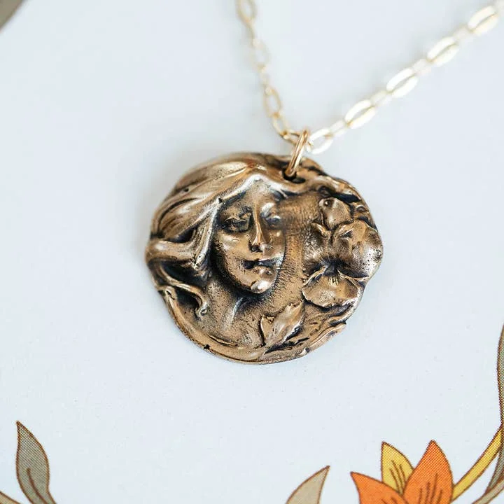 designer necklaces for women -Art Nouveau Woman | Bronze Antique Button Necklace