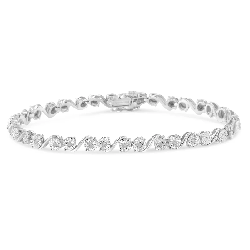 .925 Sterling Silver 1/10 Cttw Round Diamond "S" Link Miracle Plate Tennis Bracelet