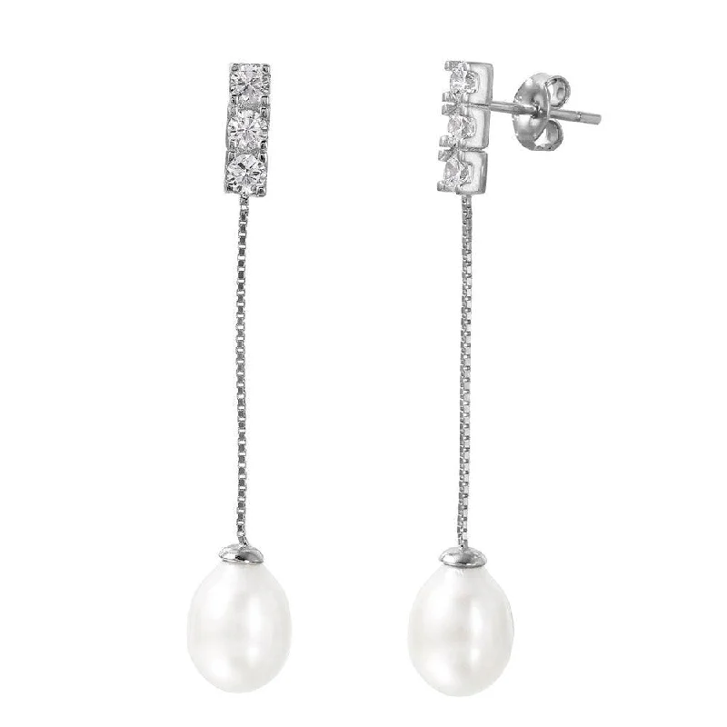 women’s diamond stud earrings -Silver 925 Rhodium Plated Chain Pearl CZ Dangling Stud Earrings - STE01004