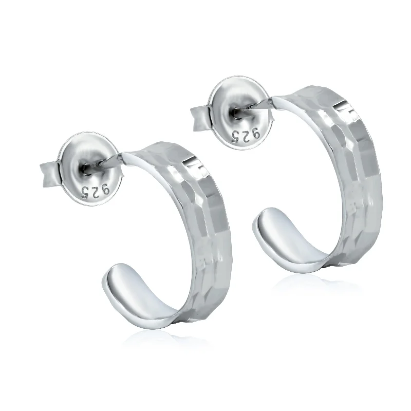 stacked earrings for women -Rhodium Plated 925 Sterling Silver Diamond Cut 13.5 Semi Hoop Stud Earrings - GME00122