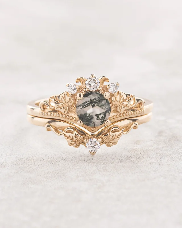 heart-shaped engagement rings -Round moss agate bridal ring set, diamond tiara rings / Ariadne