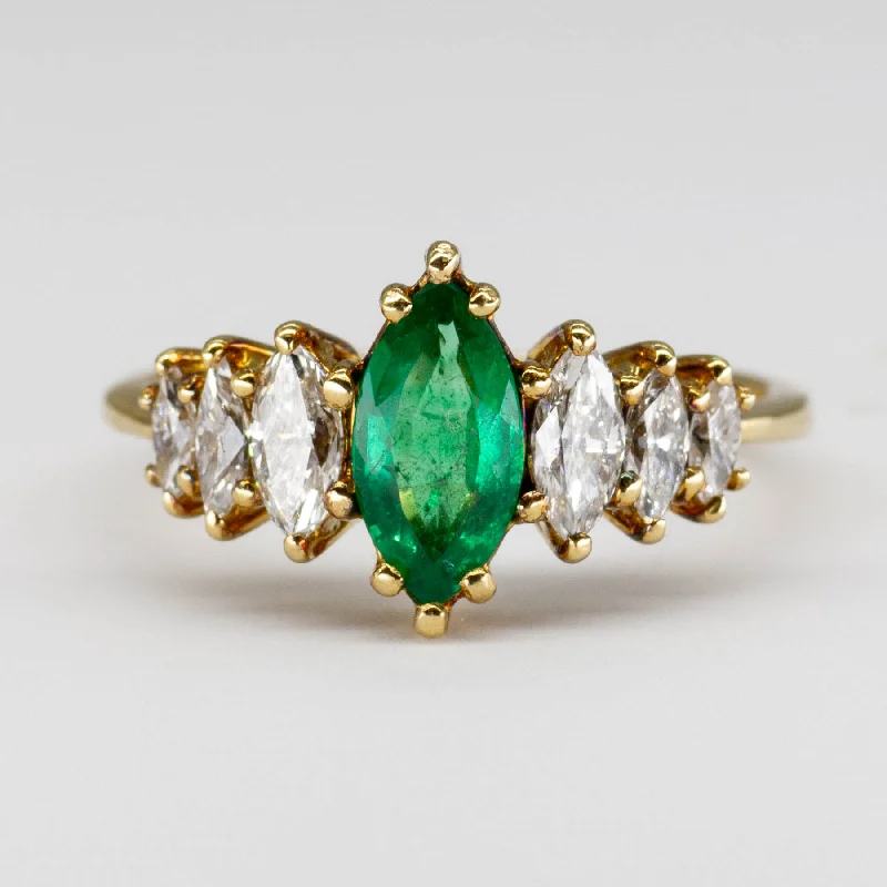 Vintage Marquis Emerald and Diamond Ring | SZ 7.5