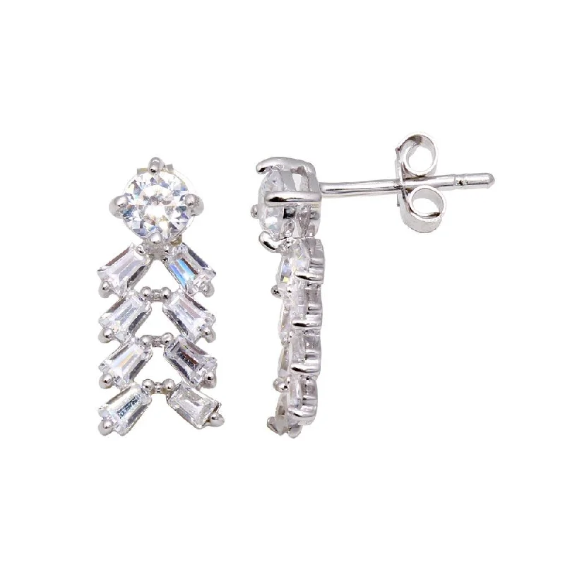 artistic gold earrings for women -Silver 925 Rhodium Plated Rectangle Baguette CZ Chandelier Stud Earrings - STE00899