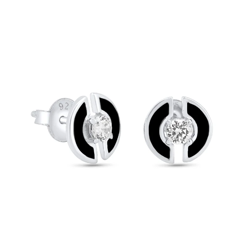 women’s diamond stud earrings -Rhodium Plated 925 Sterling Silver Enamel Double Half Circle Stud 11mm Earrings - GME00137