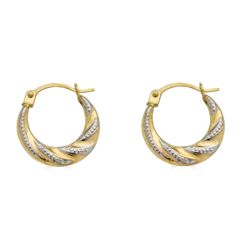 luxury diamond earrings for women -14E00377 - 14 Karat Yellow Gold 2T Wave Design Latch Back Hoop Earring