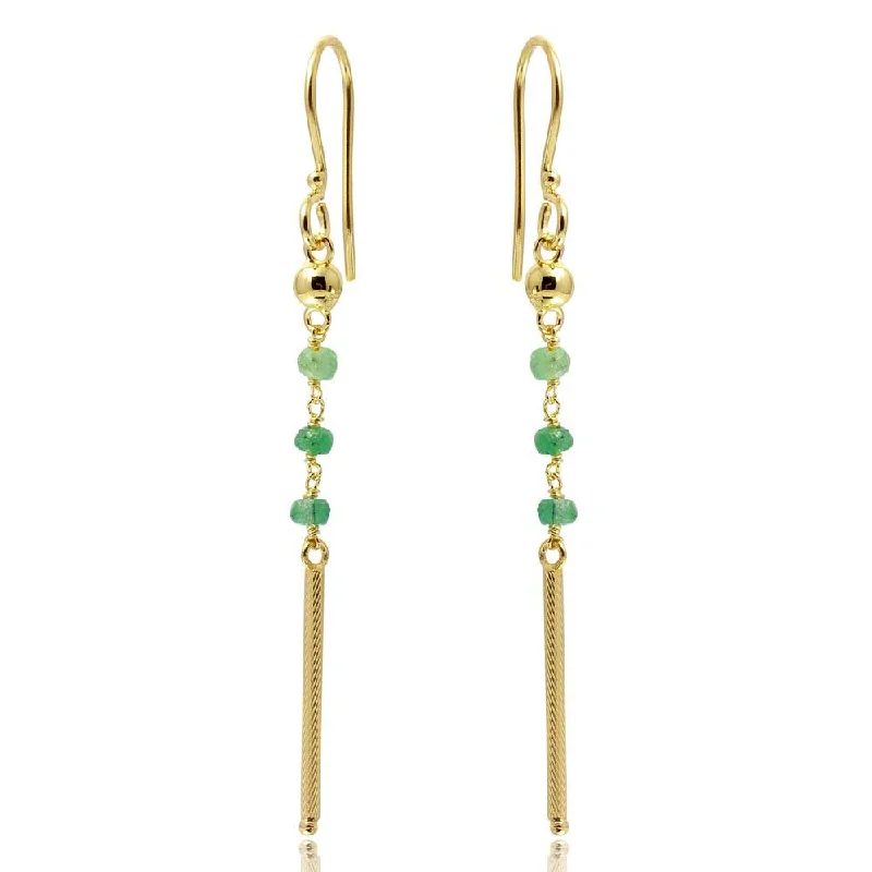 women’s bridal hoop earrings -Gold Plated 925 Sterling Silver Dangling 3 Green Bead with Matte Gold Bar Earrings - DIE00009GP-EM