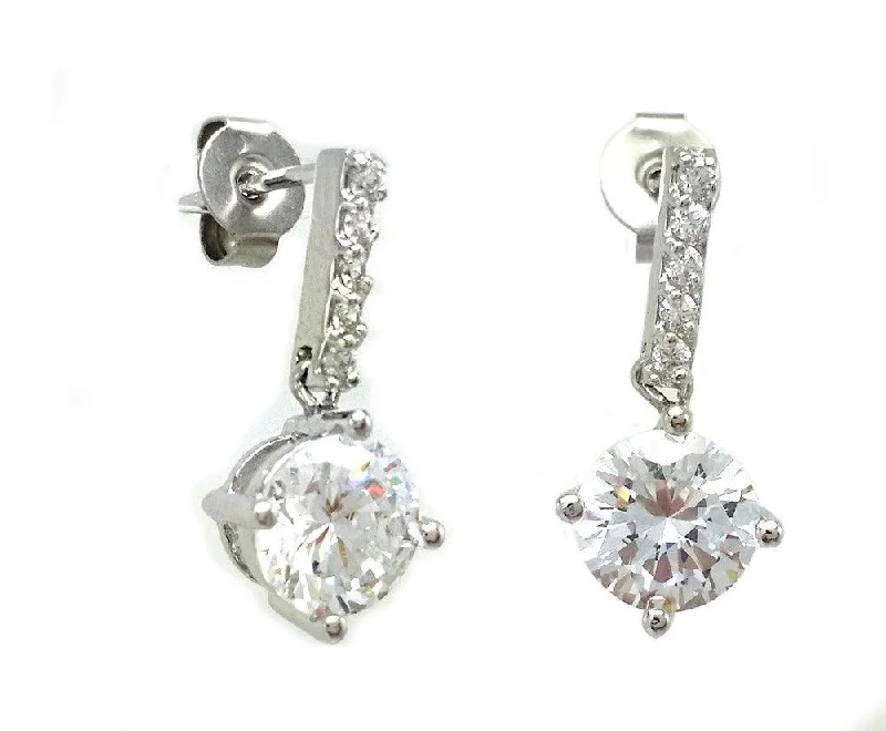 dangle earrings for women -Silver 925 Rhodium Plated Channel Round CZ Dangling Stud Earrings - BGE00403