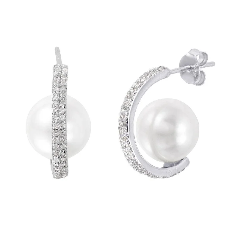 handmade earrings for women -Silver 925 Rhodium Plated C-Curved Pearl CZ Stud Earrings - STE01005