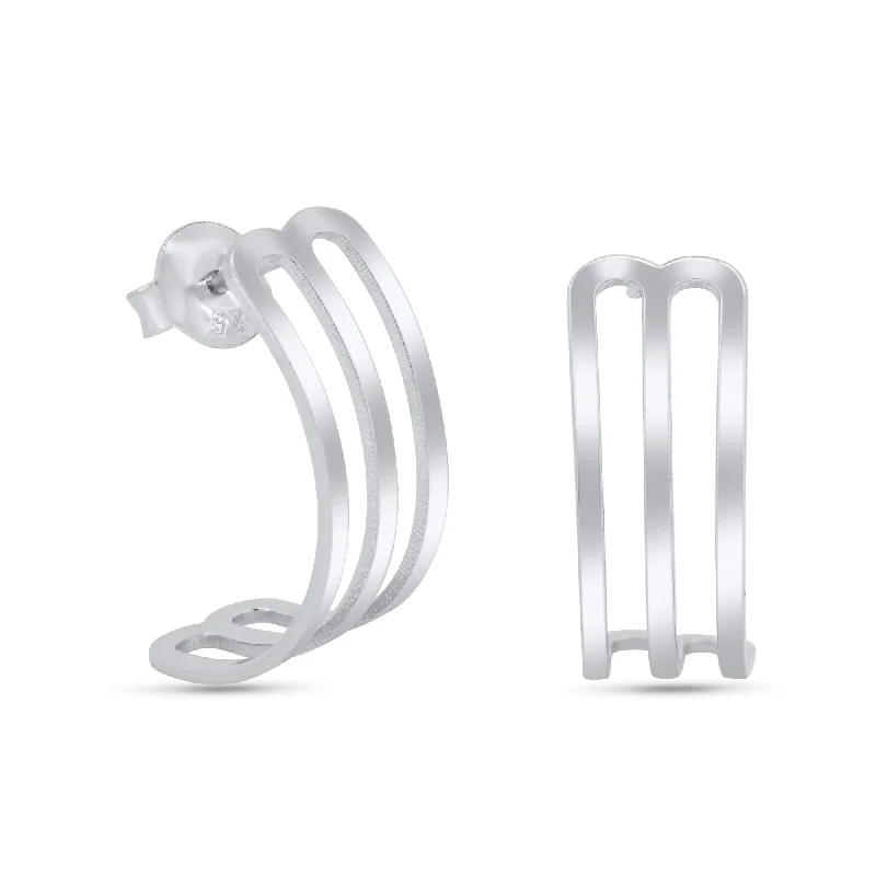 minimalistic earrings for women -Rhodium Plated 925 Sterling Silver 22mm Semi Hoop Stud Earrings - GME00128