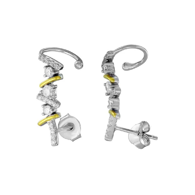 elegant earrings for women -Two-Tone 925 Sterling Silver Rhodium and Gold Plated CZ Climbing Earrings - BGE00550