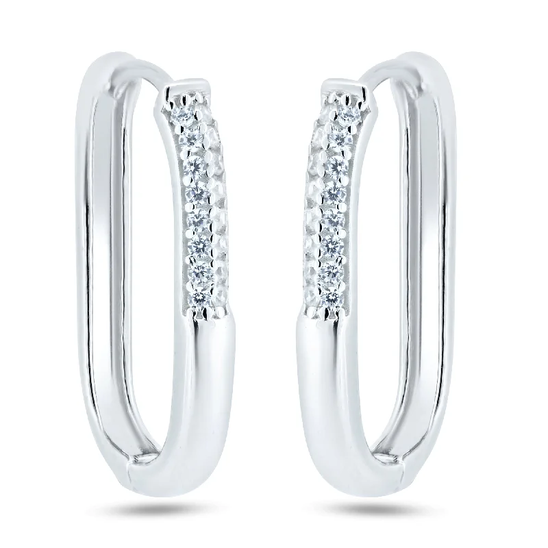 unique earrings for women -Rhodium Plated 925 Sterling Silver CZ Oval Hoop Earrings - GME00124