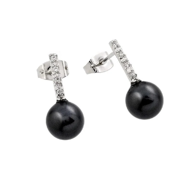 glamorous earrings for women -Silver 925 Rhodium Plated Channel CZ Black Pearl Stud Earrings - BGE00344