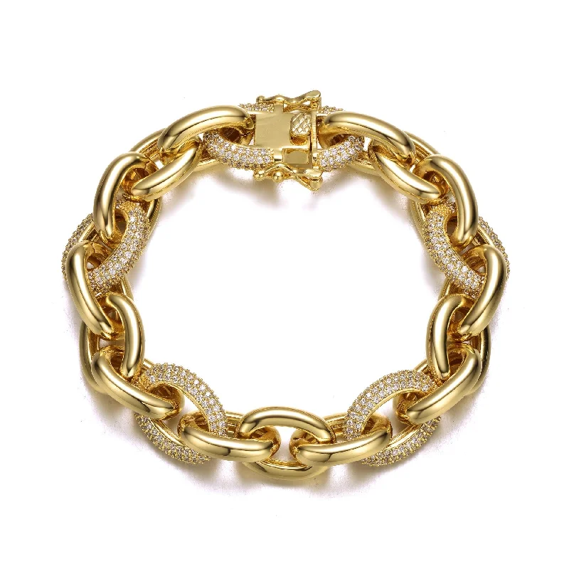 RG 14k Yellow Gold Plated with Cubic Zirconia Chunky Tubular Oval Cable Chain Bracelet