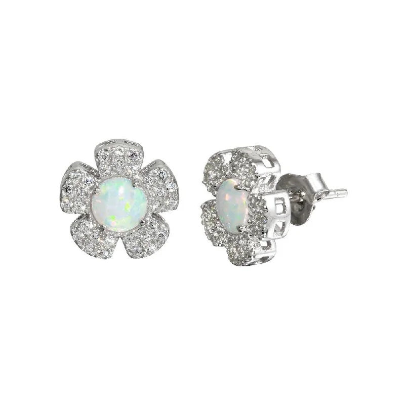 sparkling earrings for women -Rhodium Plated 925 Sterling Silver CZ and Synthetic Flower Stud Earrings - BGE00587