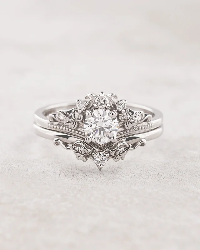 high-end engagement rings -White gold lab grown diamond bridal ring set, gold leaves engagement and wedding rings / Ariadne