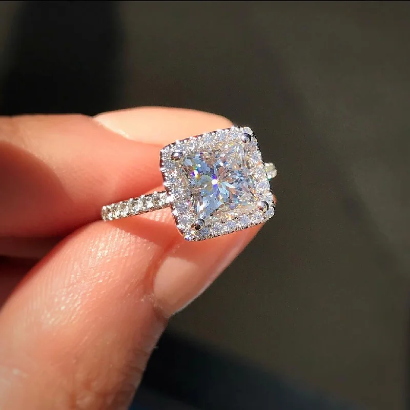 affordable diamond engagement rings -2.0 CT Princess Cut Halo Moissanite Engagement Ring