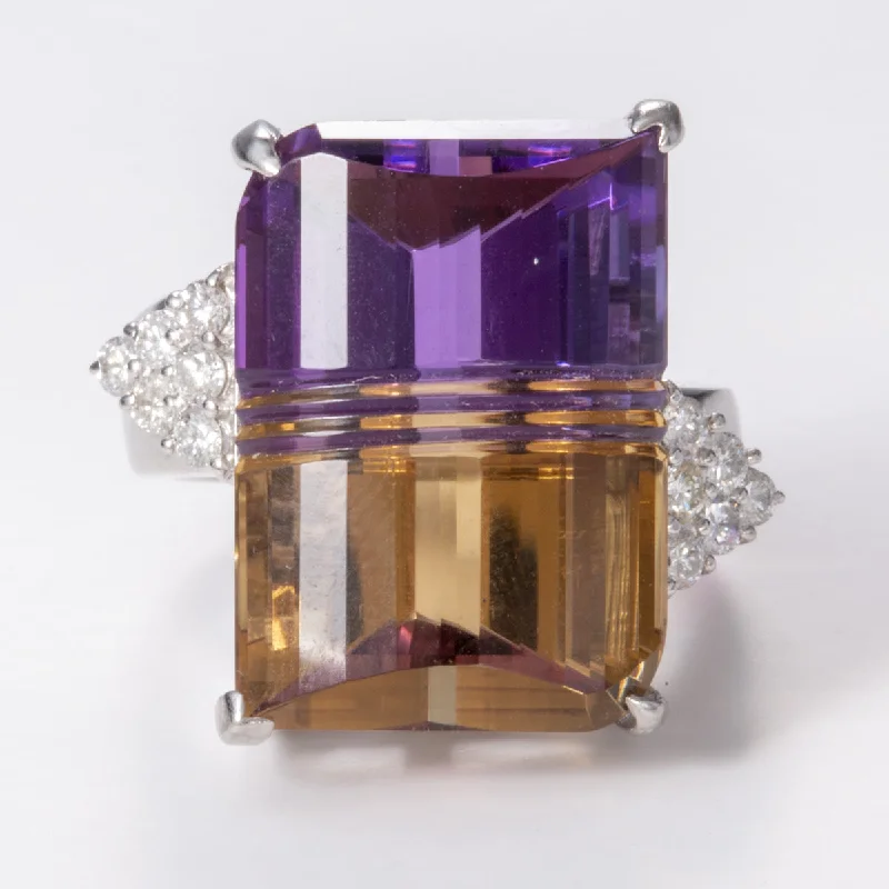 Carved Ametrine and Diamond Cocktail Platinum Ring | 27.38 ct, 0.40 ctw | Sz 6.5