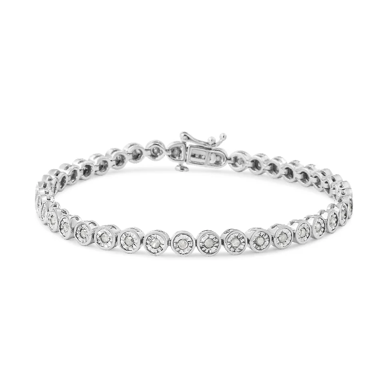 .925 Sterling Silver 1.0 Cttw Miracle Plate Set Diamond Bezel Link Design Tennis Bracelet