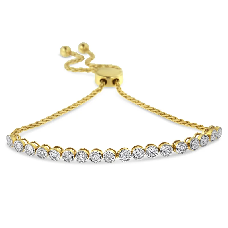 10K Yellow Gold over .925 Sterling Silver Miracle-Set Diamond Accented 6”-9” Adjustable Beaded Tennis Bolo Bracelet