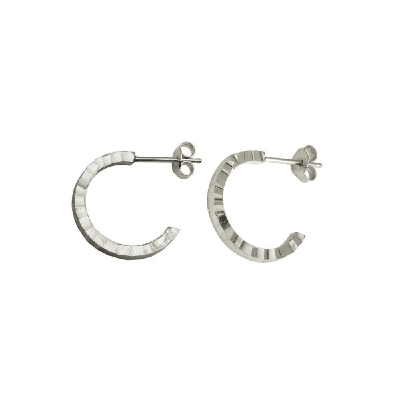 studded earrings for women -Rhodium Plated 925 Sterling Silver Diamond Cut Semi Hoop Earrings 20mm - ECE00031RH