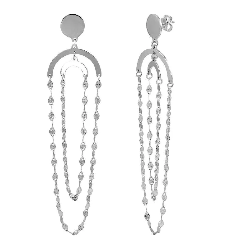 elegant gold earrings for women -Rhodium Plated 925 Sterling Silver Hanging Double Loop Chain Earrings - ARE00014RH