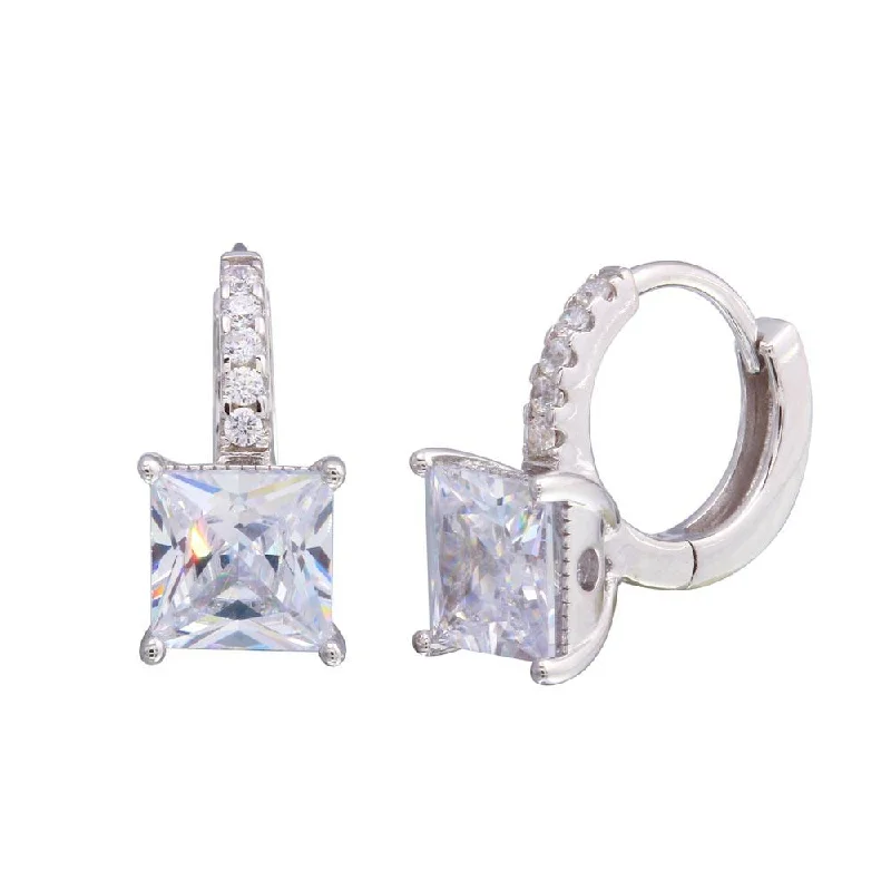 vintage-inspired earrings for women -Rhodium Plated 925 Sterling Silver Dangling Square CZ huggie hoop Earrings - STE01214