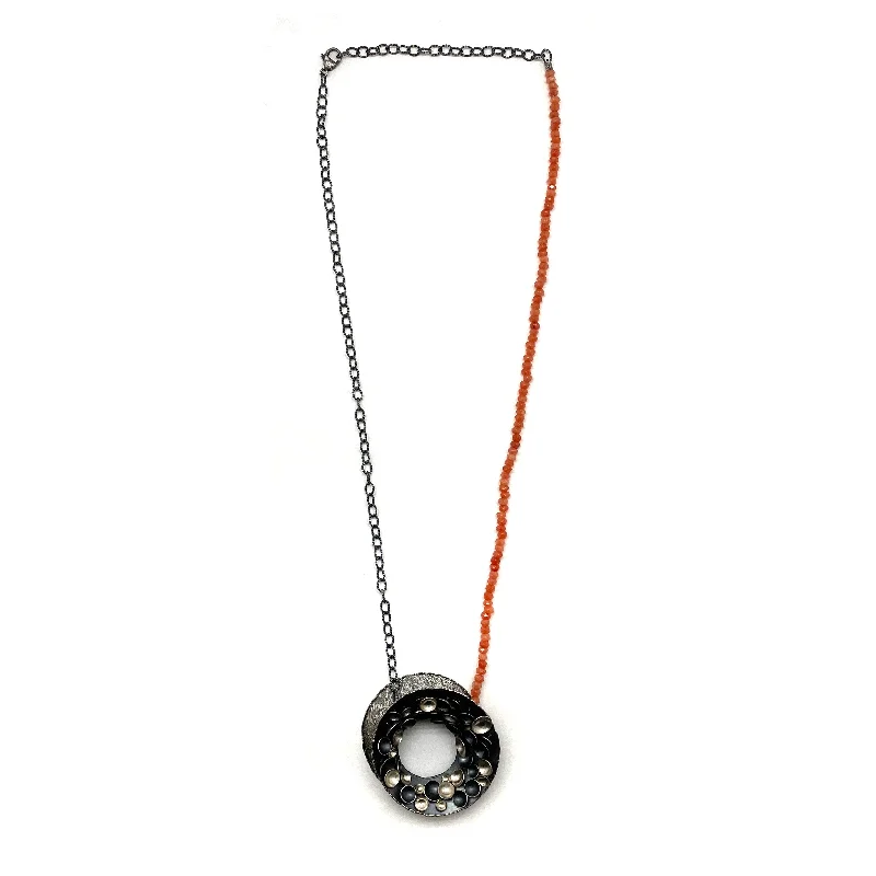 trendy necklaces for women -Silver Concave Pendant With Carnelian Chain