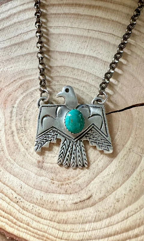 crystal necklaces for women -THUNDERBIRD Native Sterling Silver & Turquoise Necklace Pendant • 18g