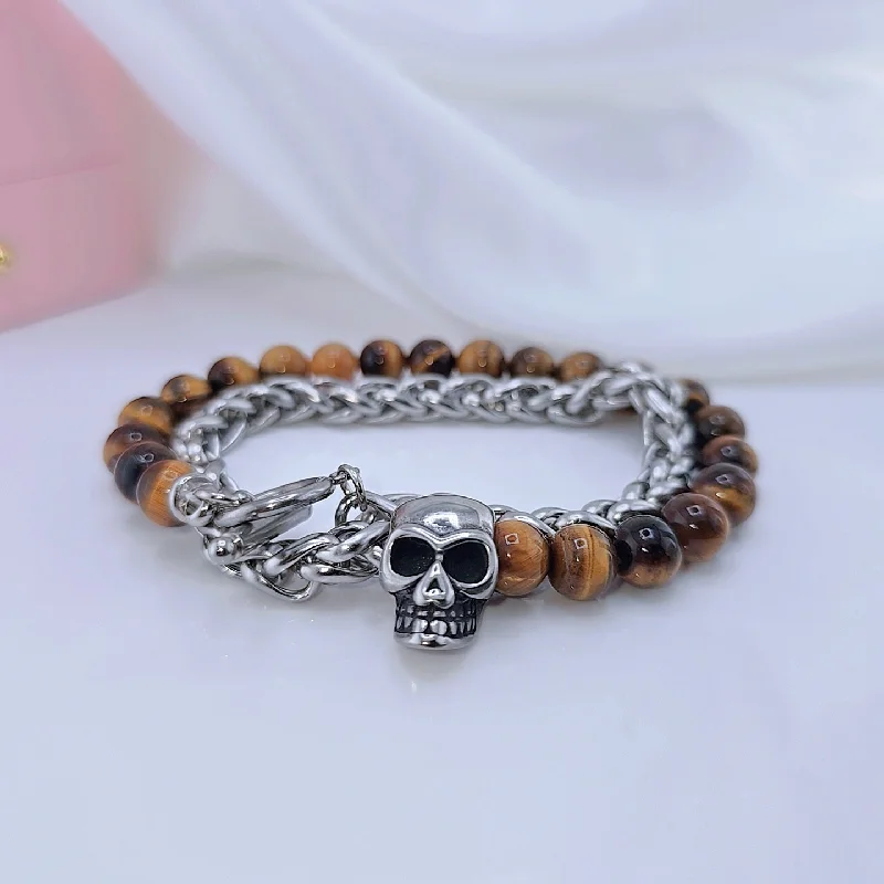 Skull Charm Double Layered Black Lava Bead Bracelet