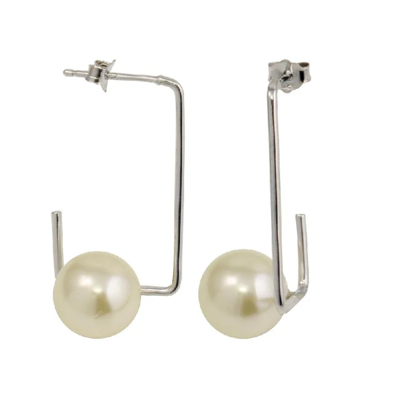 high-end earrings for women -Rhodium Plated 925 Sterling Silver Rectangular Dangling Earrings with Pearl - STE01133