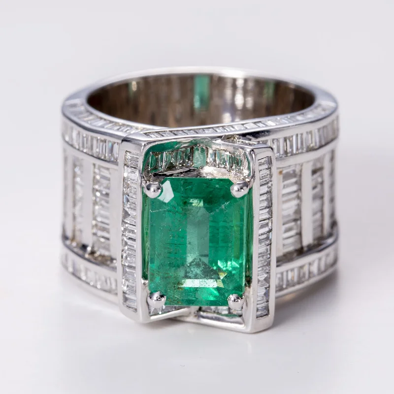 Emerald and Diamond 18k White Gold Ring | 2.78 ct, 2.66 ctw | Sz 7.5