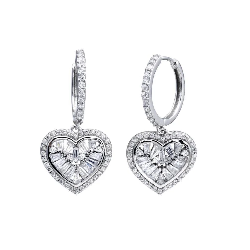 sparkling earrings for women -Rhodium Plated 925 Sterling Silver CZ Hoop Dangling Heart Earring - STE01318