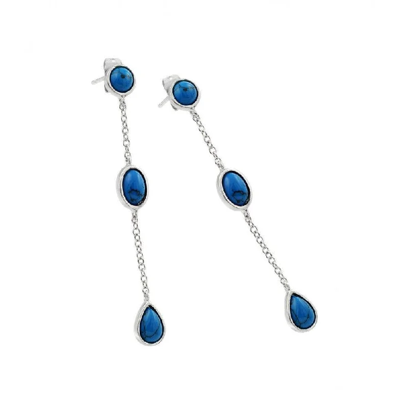 stacked earrings for women -Silver 925 Rhodium Plated Three Oval Blue CZ Wire Dangling Stud Earrings - BGE00389