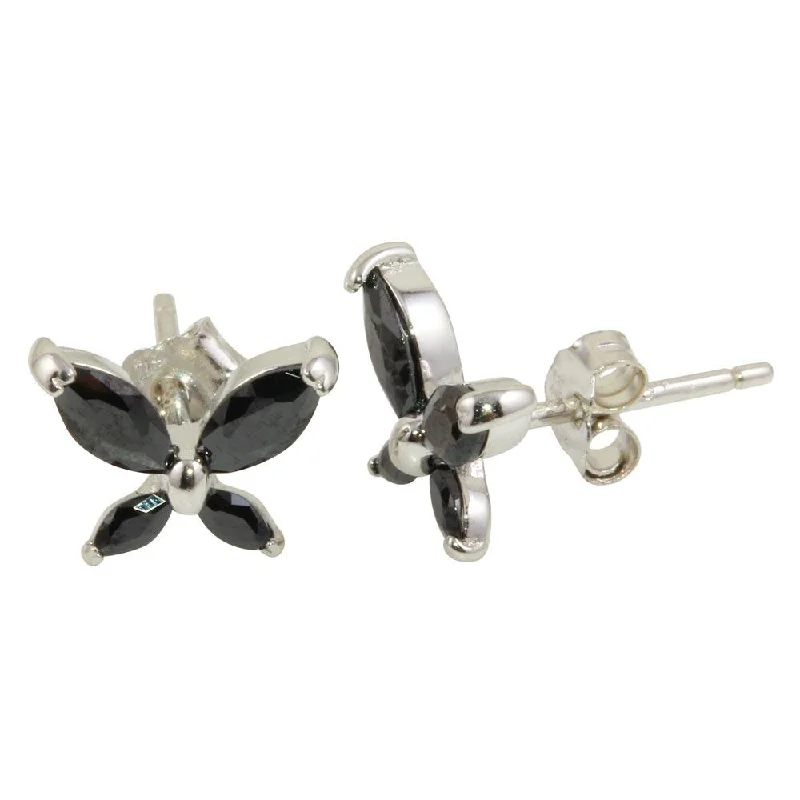 gold stud earrings for women -Rhodium Plated 925 Sterling Silver Black Butterfly Stud Earrings - STE01095