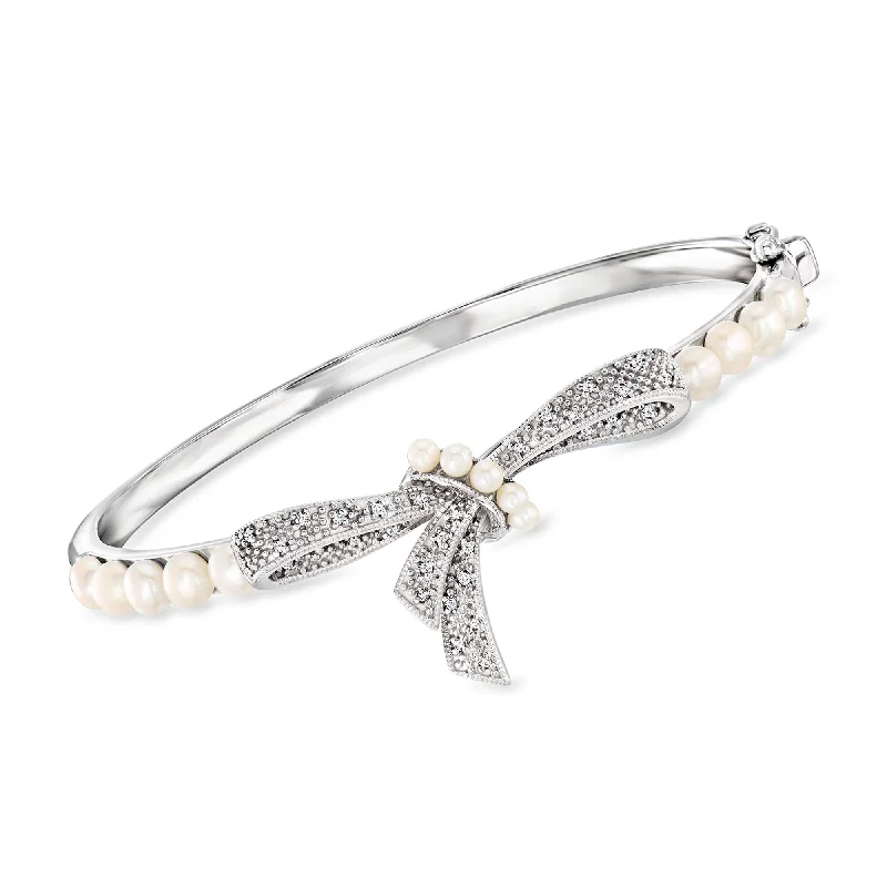 Ross-Simons 2-4.5mm Cultured Pearl and . Diamond Bow Bangle Bracelet in Sterling Silver