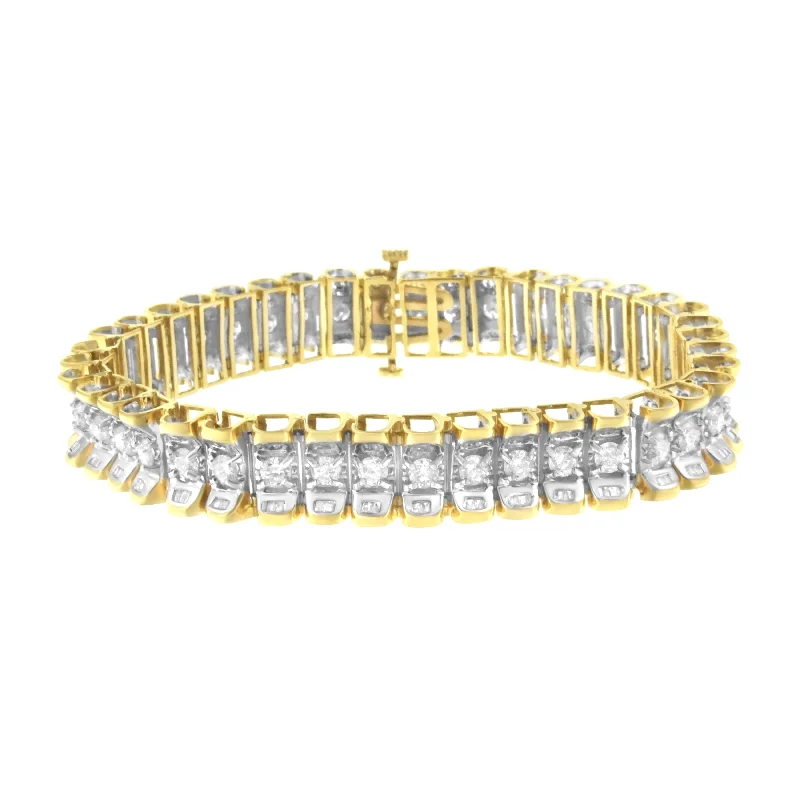 14K Yellow and White Gold 5.0 Cttw Round & Baguette Cut Diamond 7" Reflective Tennis Bracelet