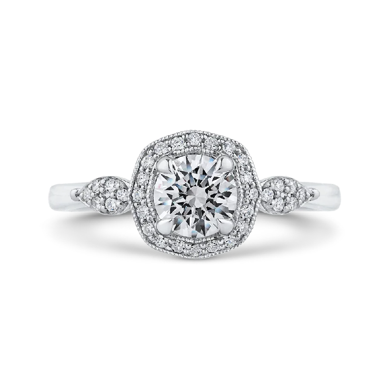 radiant cut engagement rings -14K White Gold Round Diamond Floral Halo Engagement Ring