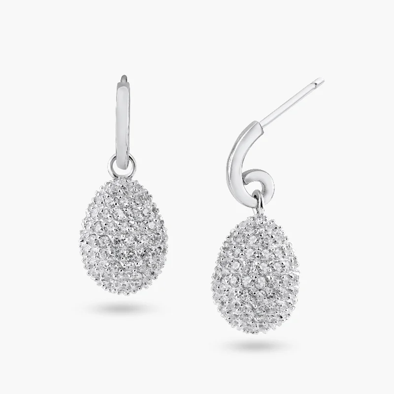 elegant dangle earrings for women -Silver 925 Rhodium Plated Oval Disco Ball Pear CZ Dangling Stud Earrings - BGE00135