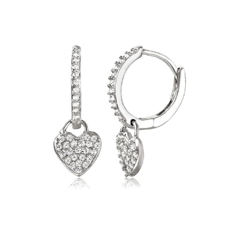 artistic earrings for women -Silver 925 Rhodium Plated Hoop with Hanging Heart Earrings - STE01042