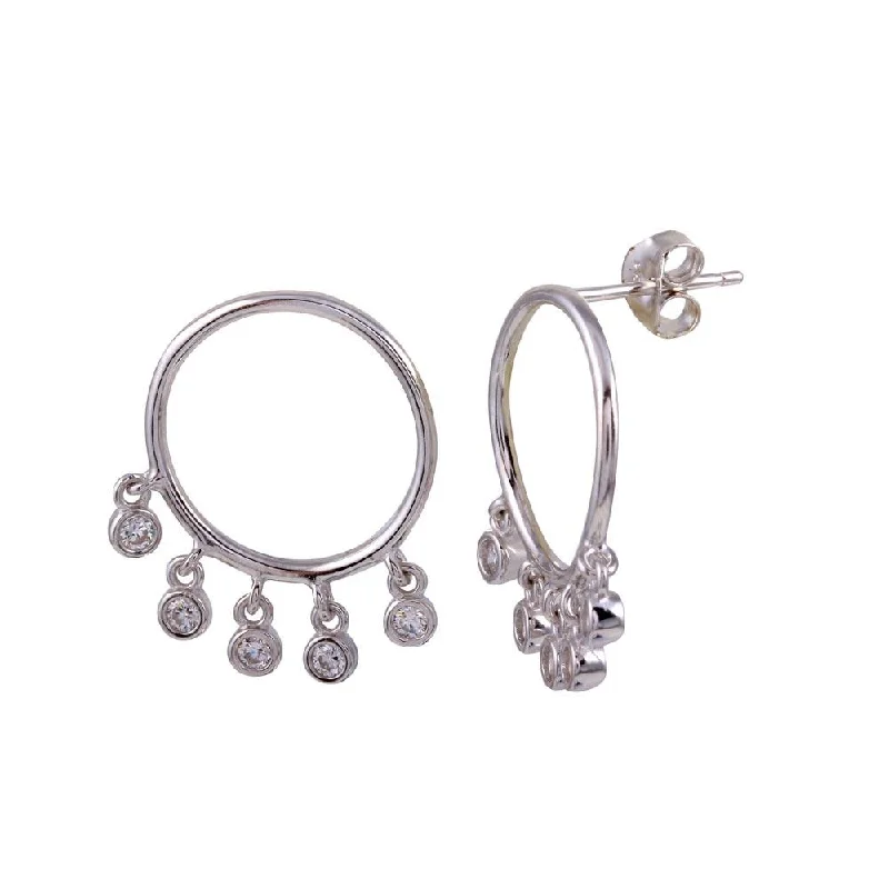 chandelier earrings for women -Rhodium Plated 925 Sterling Silver Dangling Open Circle CZ Earrings - BGE00644