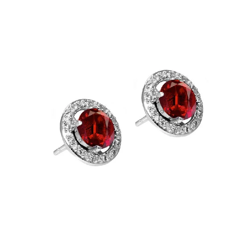 custom earrings for women -Silver 925 Rhodium Plated Red and Clear Round Pave CZ Stud Earrings - BGE00331