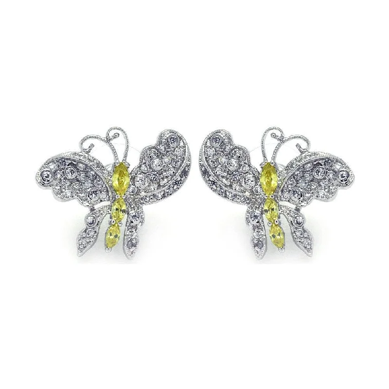 matching earrings for women -Clearance-Silver 925 Rhodium Plated Yellow CZ Butterfly Stud Earrings - BGE00132