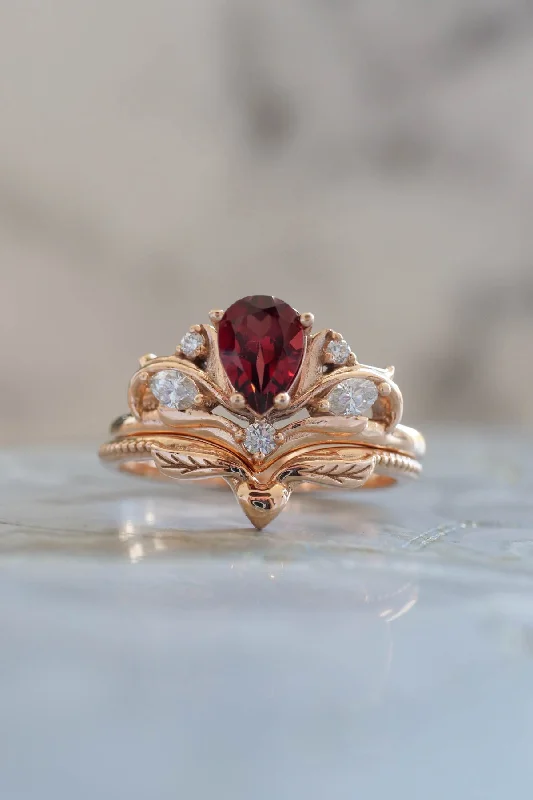 modern engagement rings for women -Pear shaped garnet engagement ring, alternative bridal ring set / Swanlake