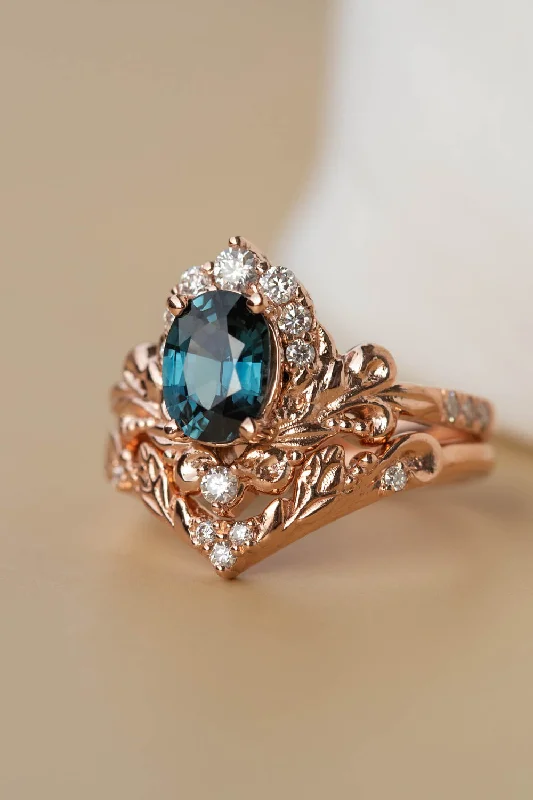 bridal engagement rings -Natural teal sapphire bridal ring set, baroque inspired gold engagement ring set with diamonds / Sophie