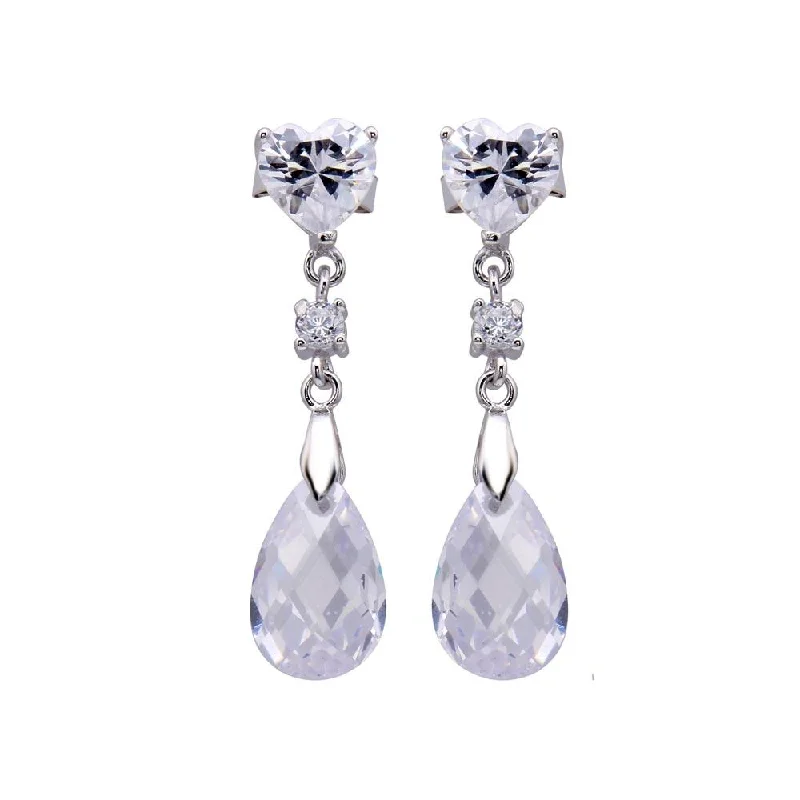 women’s luxury diamond earrings -Silver 925 Rhodium Plated Heart and Teardrop CZ Dangling Stud Earrings - STE00442