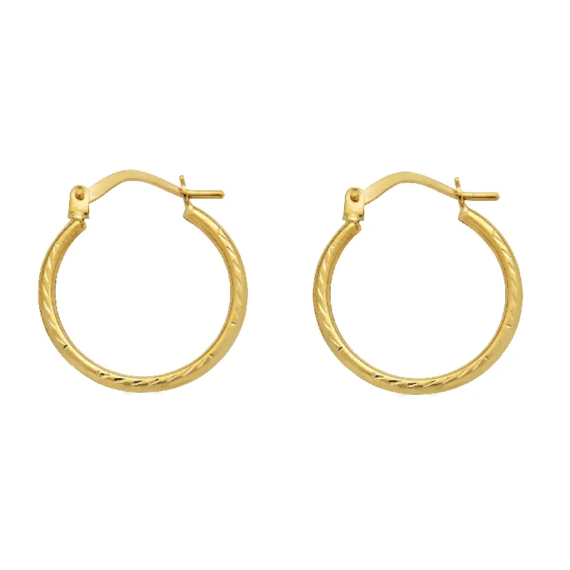 minimalistic earrings for women -14E00384. - 14 Karat Yellow Gold Diamond Cut Textured Hoop Latch Lock Earrings