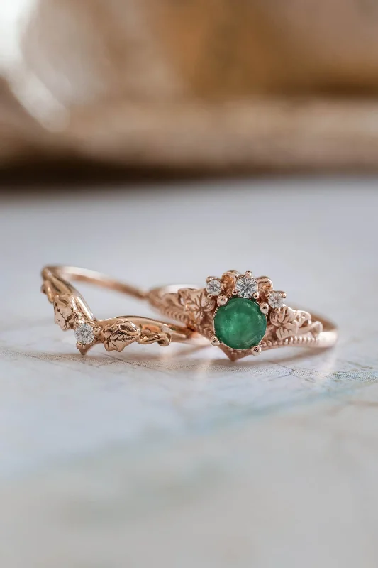 halo engagement rings for women -Emerald bridal ring set with diamonds, alternative engagement ring set / Ariadne